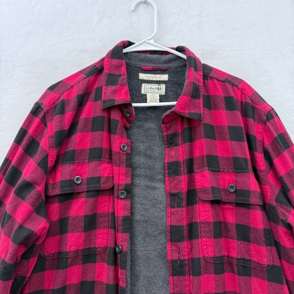 LL Bean Shirt Mens L Red Buffalo Plaid Fleece Line Shacket Traditional Button Up - Picture 2 of 9